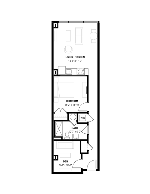 Floor plan for 1 bed, 1 bath, 753 sqft